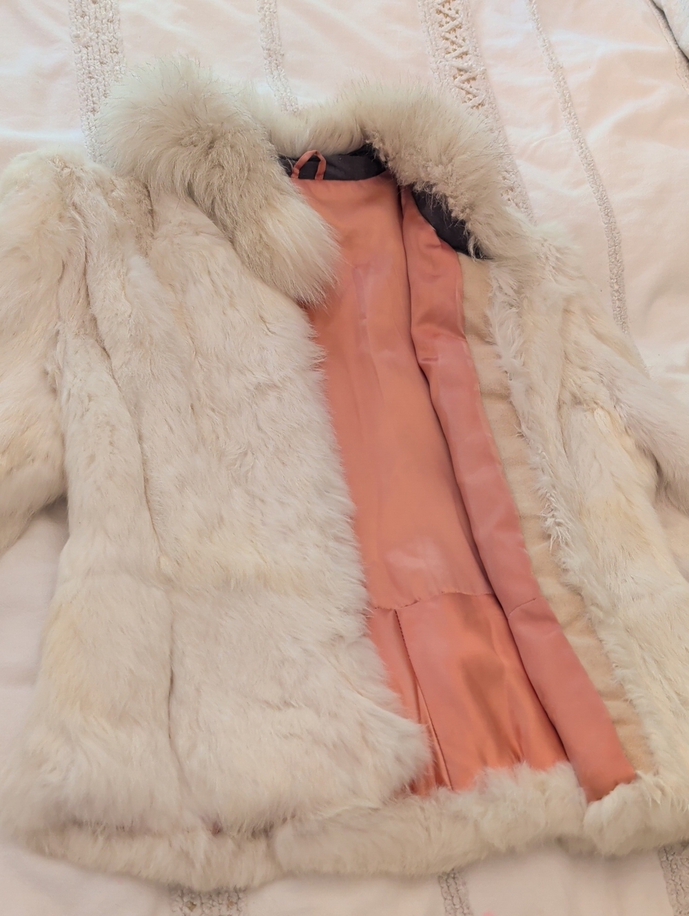 Cream Fur Coat with Pink Lining - Women's Jacket